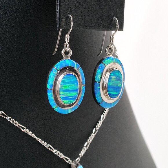 Native American Blue Opal Necklace Earrings Set Oval 925 Sterling Signed MY - Picture 7 of 12